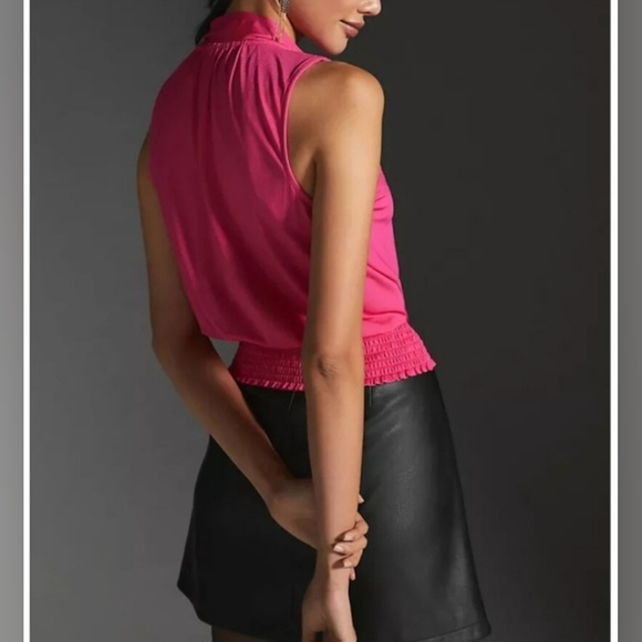 Anthropologie Ruffle Bow Tie Neck Rasberry Pink Sleeveless Blouse Size M - Picture 2 of 9
